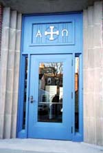 The blue door at the church's front entrance