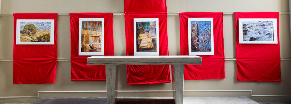 Five photo mosaics, each mounted on red fabric, hang in a horizontal line above the altar in the chancel of University Lutheran Church