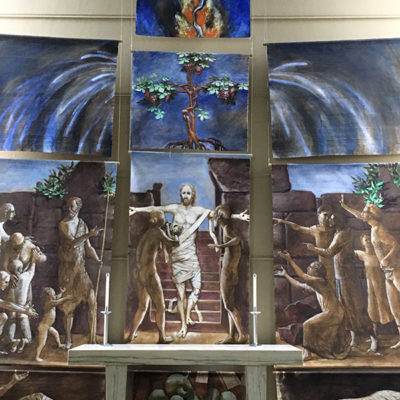 In this set of 10 banners, Jesus descends the stairs of Hell, surrounded by bandaged figures awakened from the dead.