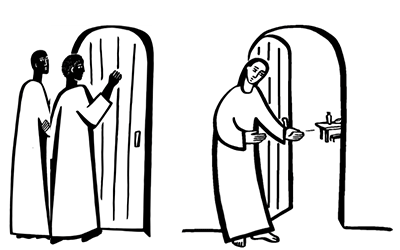 In the left half of this drawing, two human figures knock at a closed door; on the right, a person opens a door with a gesture of welcome.