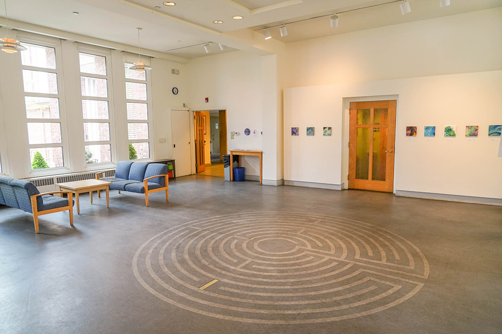 View of the Alumni/ae Room showing the labyrinth on the floor.