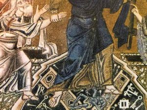 In this detail from a large mosaic, Jesus's sandaled foot crushes the devil